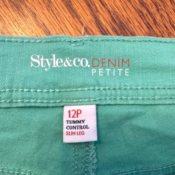 Style & Co. Straight Slim Leg Tummy Control Jeans, mint green, 12 Petite! - Picture 5 of 6